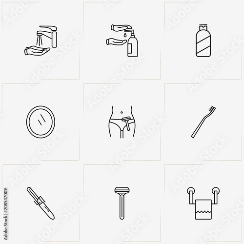 Hygiene line icon set with shampoo, razor and teeth brush