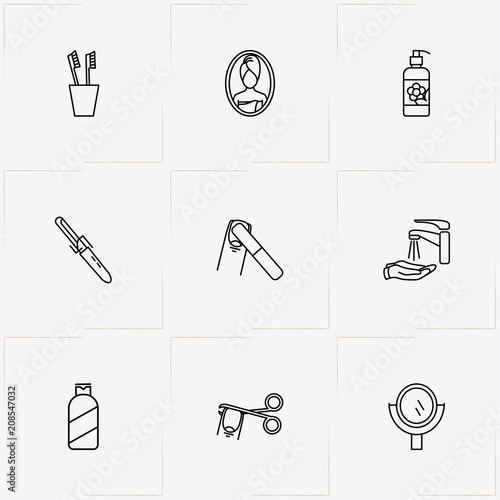 Hygiene line icon set with nail file, shampoo and teeth brush