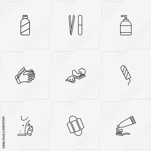 Hygiene line icon set with tampon hygiene, liquid soap and antiperspirant