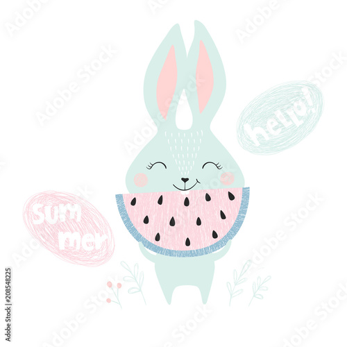 Cute bunny with watermelon
