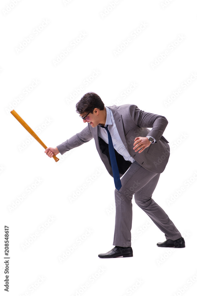 Businessman with baseball bat isolated on white