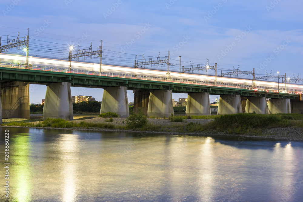 二子玉川鉄橋を通過する電車の光