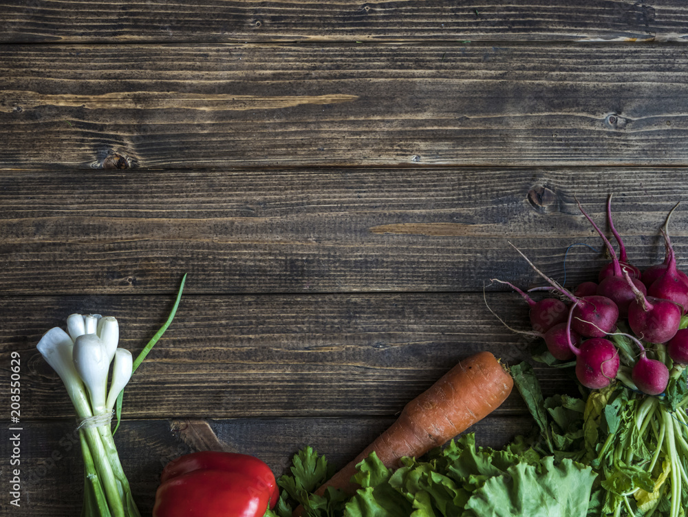 overhead raw diet food on dark table with copy space for text overhead raw diet food on dark table with copy space for text