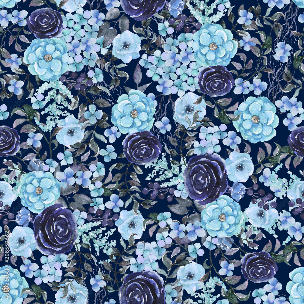 Watercolor floral seamless pattern with sky blue flowers and leaves on ...