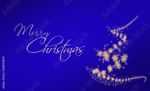 Merry Christmas background in blue with calligraphy and stylized christmas tree with golden snowflakes