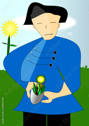 Hombre oriental recolectando hierbas y flores del campo.