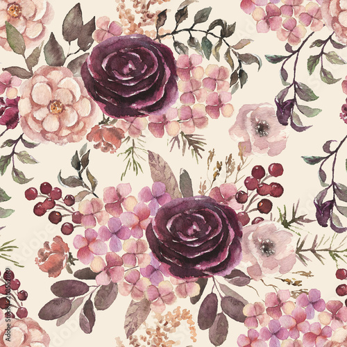 Seamless watercolor floral pattern with flower composition on cream background, perfect for wrappers, wallpapers, postcards, greeting cards, wedding invitations, romantic events, etc