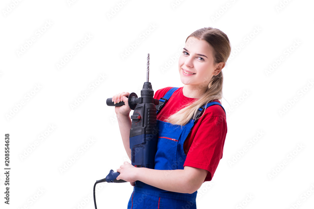 Young woman with power drill isolated on white Young woman with power drill isolated on white