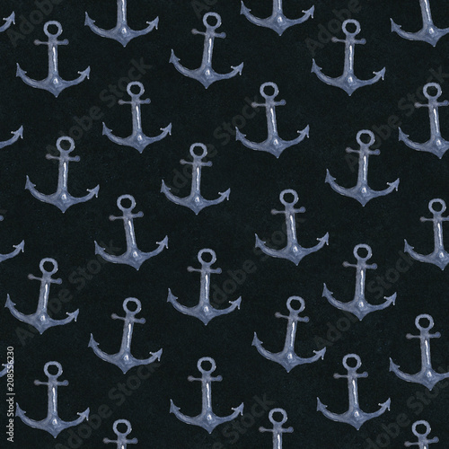 Seamless watercolor nautical pattern with anchor on black background, perfect for wrappers, wallpapers, postcards, greeting cards, wedding invitations, romantic events, etc