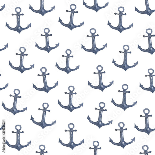 Seamless watercolor nautical pattern with anchor on white background, perfect for wrappers, wallpapers, postcards, greeting cards, wedding invitations, romantic events, etc.