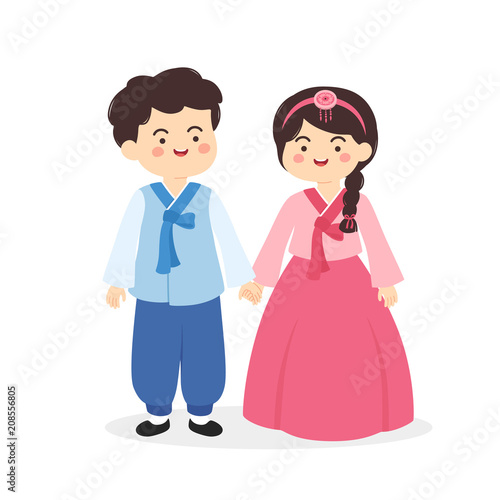 Cute Korea Hanbok Traditional Clothes Costume Couple Cartoon Vector