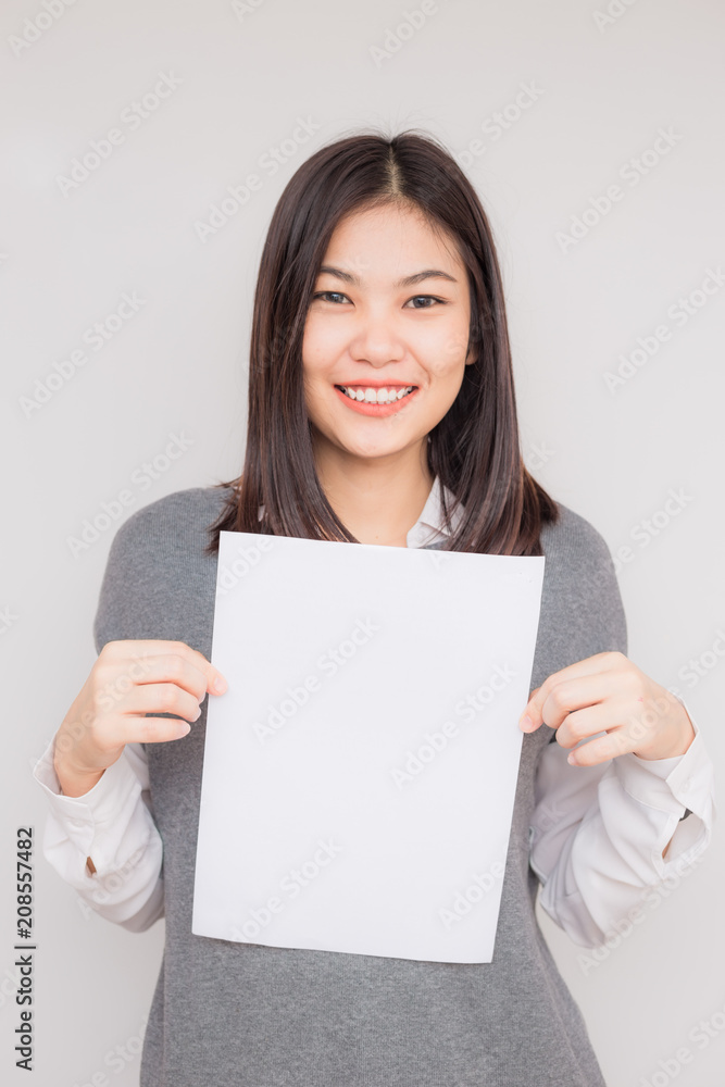Beautiful young asian women holding blank white paper banner Beautiful young asian women holding blank white paper banner