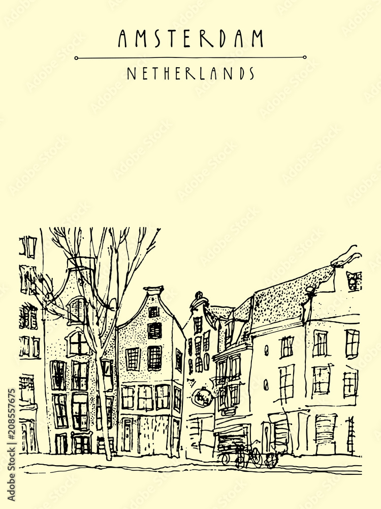 Amsterdam, Holland, Netherlands, Europe. Travel vintage hand drawn postcard