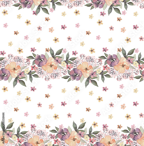 Seamless watercolor floral pattern with flower composition on white background, perfect for wrappers, wallpapers, postcards, greeting cards, wedding invitations, romantic events, etc.  © Veris Studio