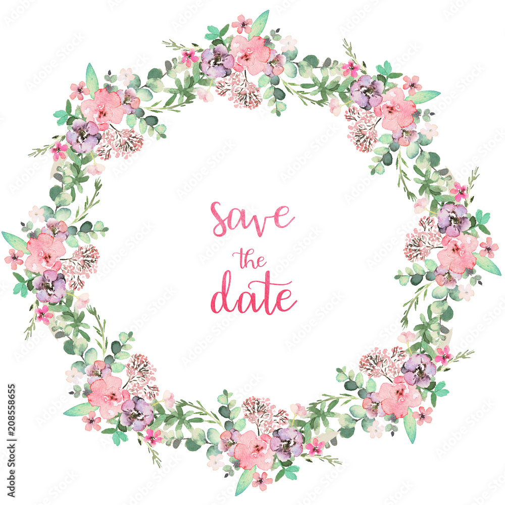 Watercolor floral illustration - flower wreath for wedding, anniversary, birthday, etc. invitations.