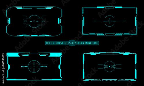 HUD Futuristic Technology Interface Screen Elements Panel Set Vector. Abstract Virtual Cyber Control Display Pack For Game App UI Illustration	