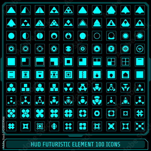 HUD Fututistic Collection Icons Element Vector Set. Green Abstract Basic Monitor Screen, Triangle Arrow , Circle Crosshairs, Information Frame Logo Sign Object For Web Or Apps