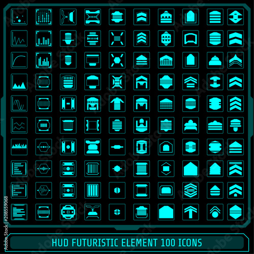 HUD Fututistic Collection Icons Element Vector Set. Green Abstract Basic Monitor Screen, Triangle Arrow , Circle Crosshairs, Information Frame Logo Sign Object For Web Or Apps