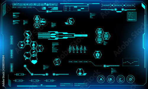 HUD Futuristic Health Care Information Icons Data Communication Vector. Abstract Medical Hi Technology Infographic Concept Illustration