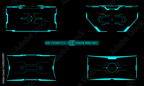 HUD Futuristic Technology Interface Screen Elements Panel Set Vector. Abstract Virtual Cyber Control Display Pack For Game App UI Illustration	
