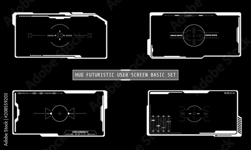 HUD Futuristic Technology Interface Screen Elements Panel Set Vector. Abstract Virtual Cyber Control Display Pack For Game App UI Illustration	