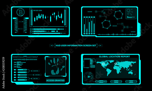 HUD Futuristic Elements Screen Interface Control Panel Abstract Illustration. Green Display Bitcoin Technology, DNA Analysis, Hand Finger Security Scan, World Map Location Identification Vector.