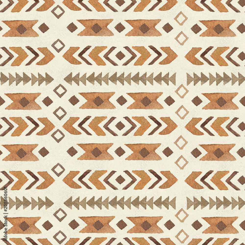 watercolor-ethnic-boho-seamless-pattern-of-ornament-tribal-sign-on-beige-background-native-american-tribe-decoration-print-element-tribal-bohemian-navajo-illustration-indian-peru-aztec-wrapping-stock-illustration-adobe-stock