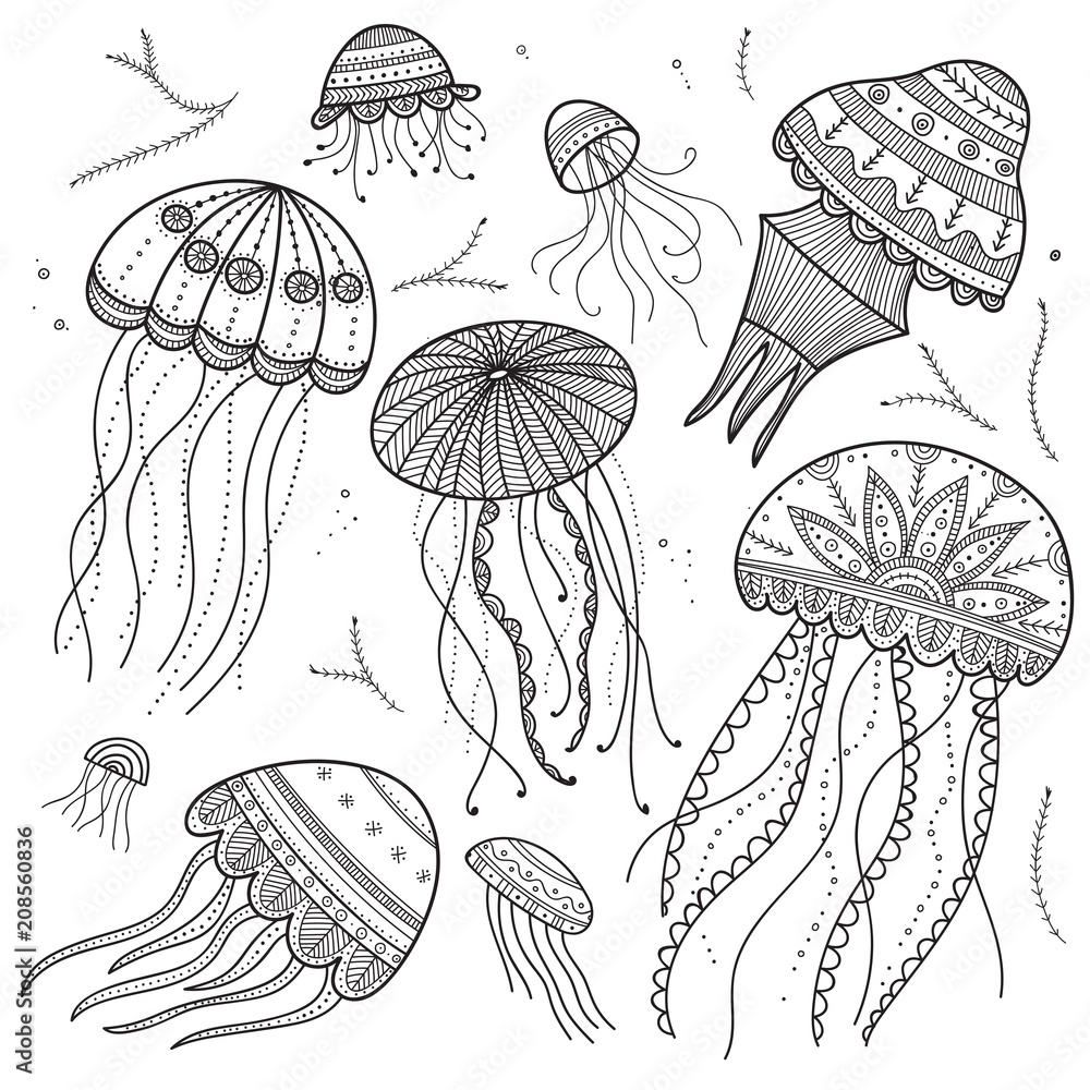 Naklejka premium Vector set of jellyfishes in ethnic boho style