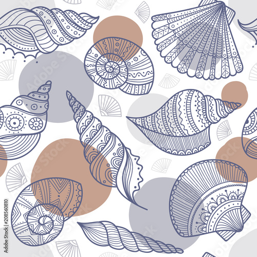 seamless pattern with shells in ethnic boho style with ornaments.