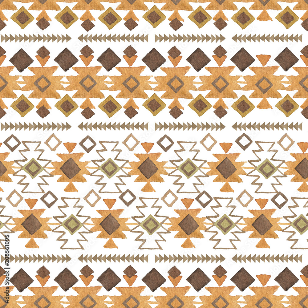 Fototapeta premium Watercolor ethnic boho seamless pattern of ornament, tribal sign on white background, native american tribe decoration print element, tribal bohemian navajo illustration, Indian, Peru, Aztec wrapping.