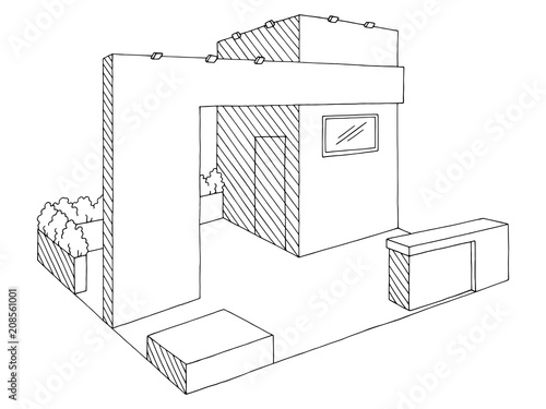 Exhibition stand graphic interior black white sketch illustration vector