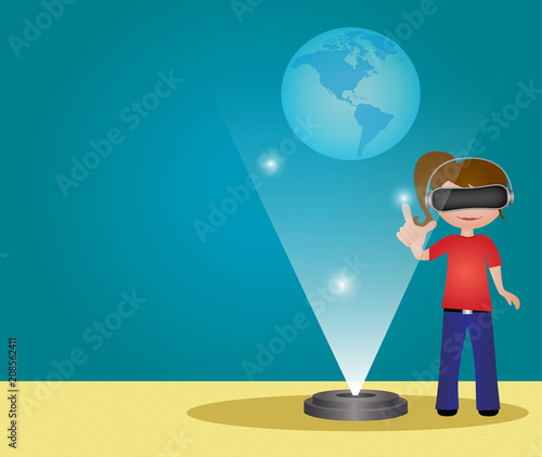 Female school student wearing virtual reality glasses and touching hologram