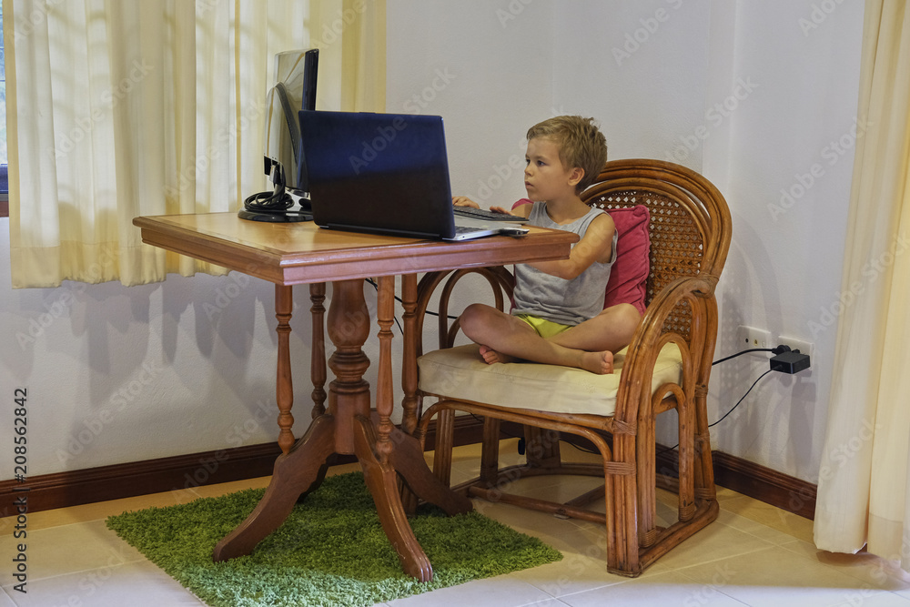 Little boy in domestic room, uses computer laptop, concentrated and looks into screens, sits on armchair. Hands on keyboard. Thailand style furniture Little boy in domestic room, uses computer laptop, concentrated and looks into screens, sits on armchair. Hands on keyboard. Thailand style furniture