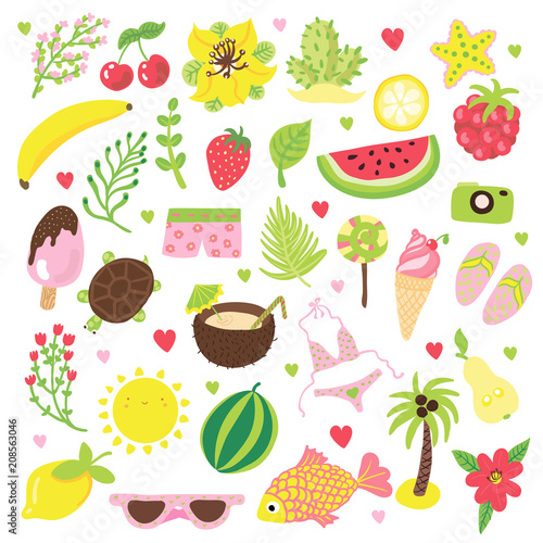 Set of summer and vacation elements. Cute cartoon vector illustration about summer holidays and vacations, summer time and relax. Collection of cartooning summer objects for vacation advertizing