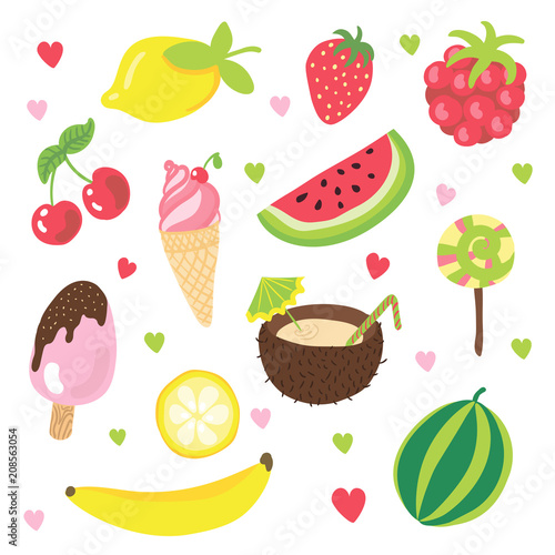 Set of summer fruits, ice cream and other food with relax, summer and vacation happy mood. Summer cartoon hand draw elements about sweet fruits, ice cream, lolipop. Summer holiday food and tasty