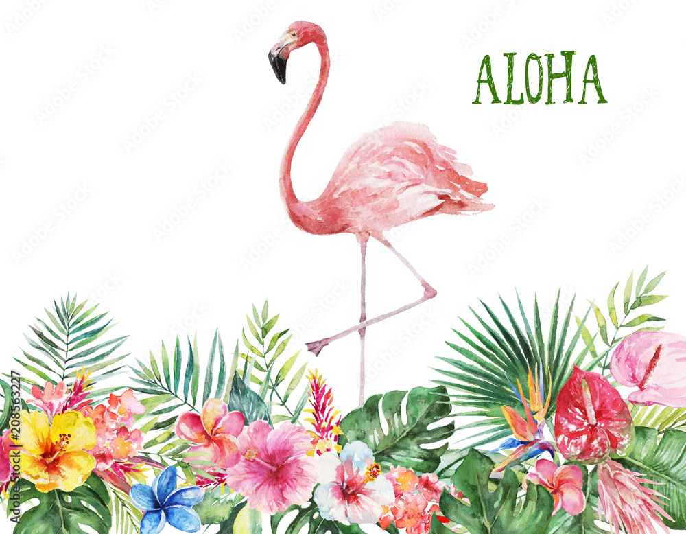 Naklejka premium Watercolor tropical floral illustration border - green leaves, flowers and pink flamingo for wedding stationary, greetings, wallpapers, fashion, backgrounds, textures, DIY, wrappers, postcards, logo