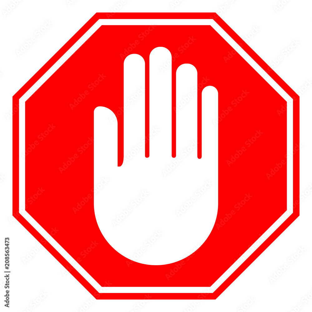 Stop Hand Sign White Hand Silhouette In Red Octagon Vector Icon