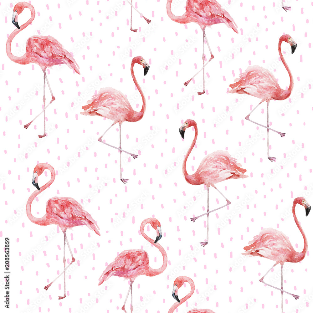 Obraz premium Flamingo on the white background. Watercolor hand painted seamless pattern. Tropical illustration. Jungle foliage.