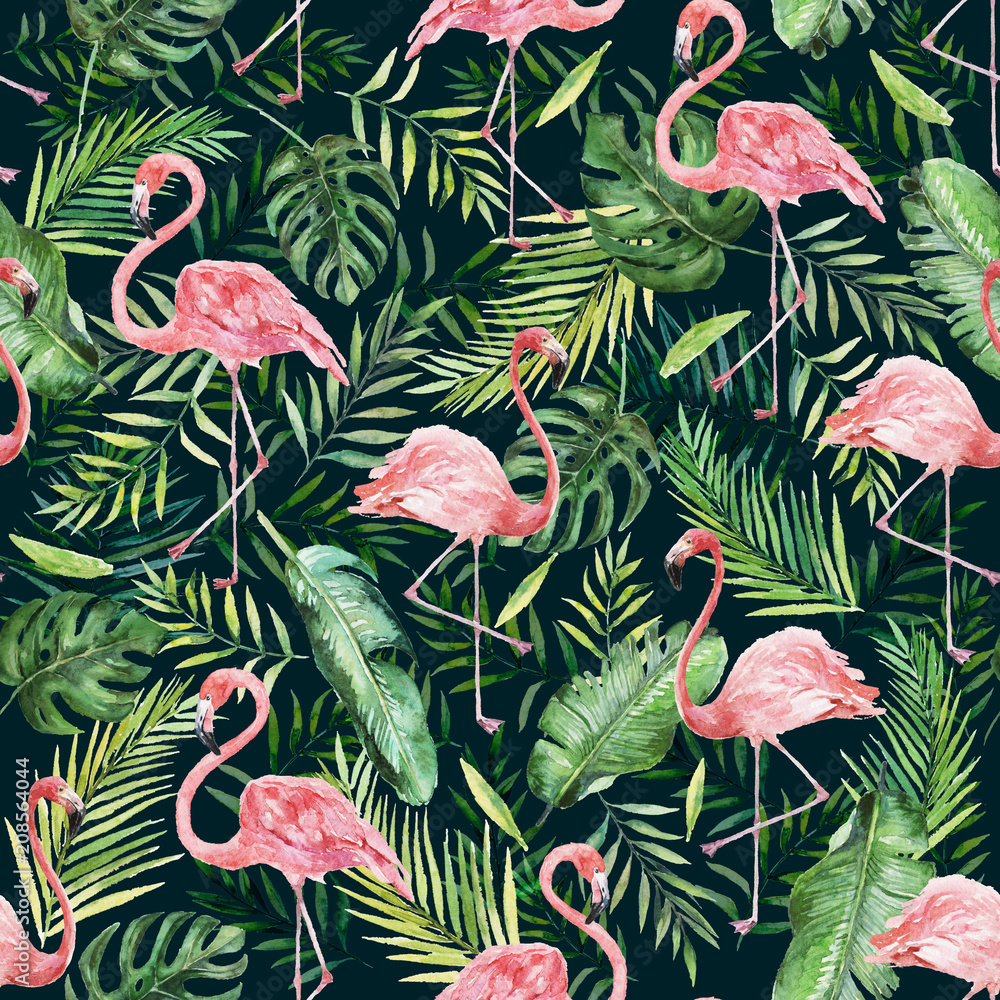 custom made wallpaper toronto digitalGreen palm leaves and flamingo on the black background. Watercolor hand painted seamless pattern. Tropical illustration. Jungle foliage.