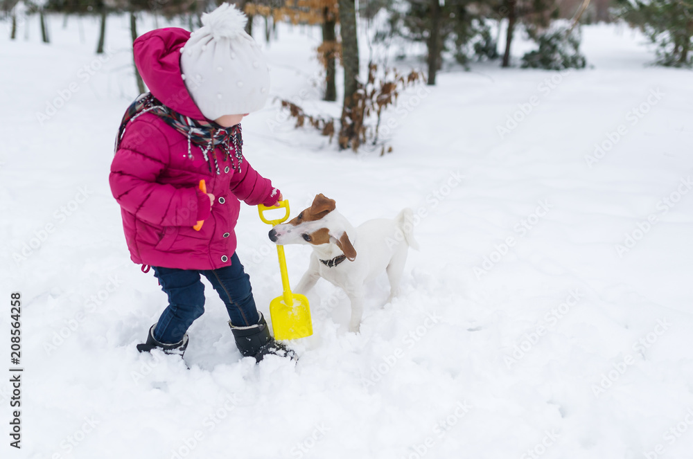 Happy little girl playing with jack russell terrier dog in snow
