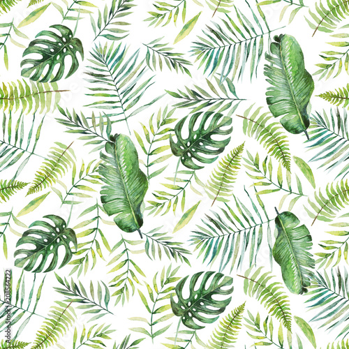 Green palm leaves on the white background. Watercolor hand painted seamless pattern. Tropical illustration. Jungle foliage.