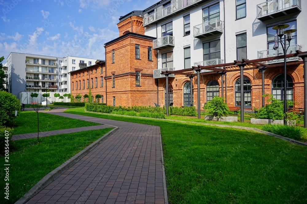 Architecture in Lodz. Housing estate. Mix of old and modern architecture.Apartments and lofts
