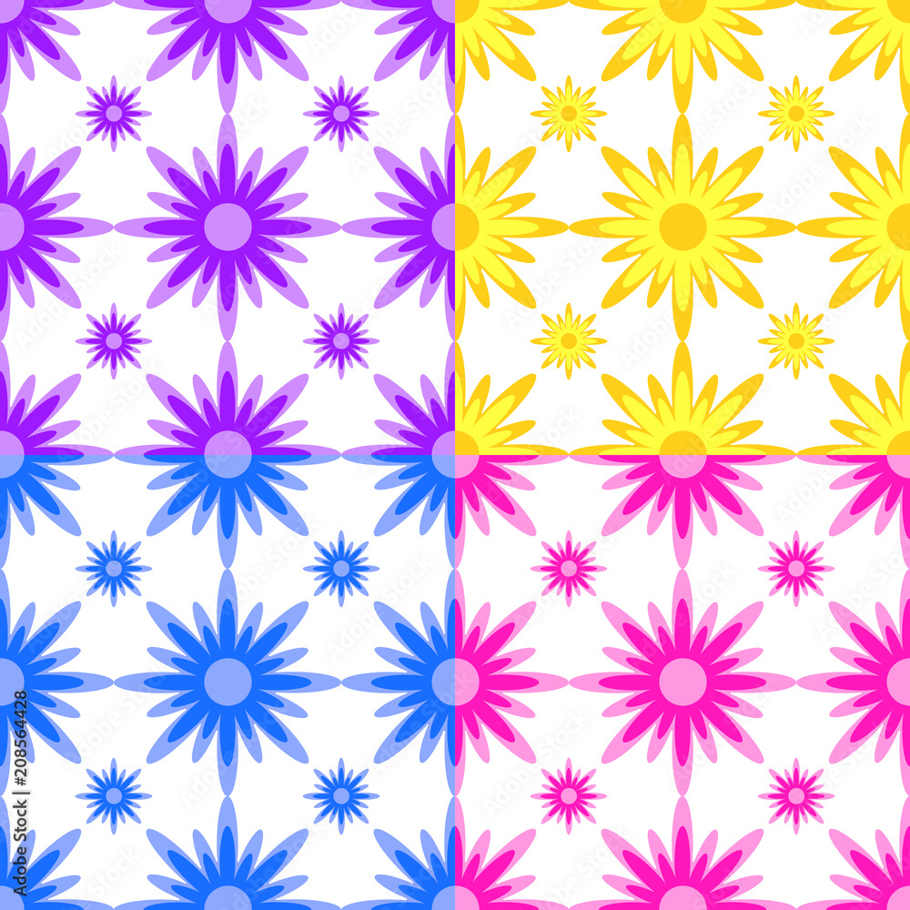 Set of seamless patterns of yellow, purple, blue, pink abstract silhouettes on a white background Set of seamless patterns of yellow, purple, blue, pink abstract silhouettes on a white background