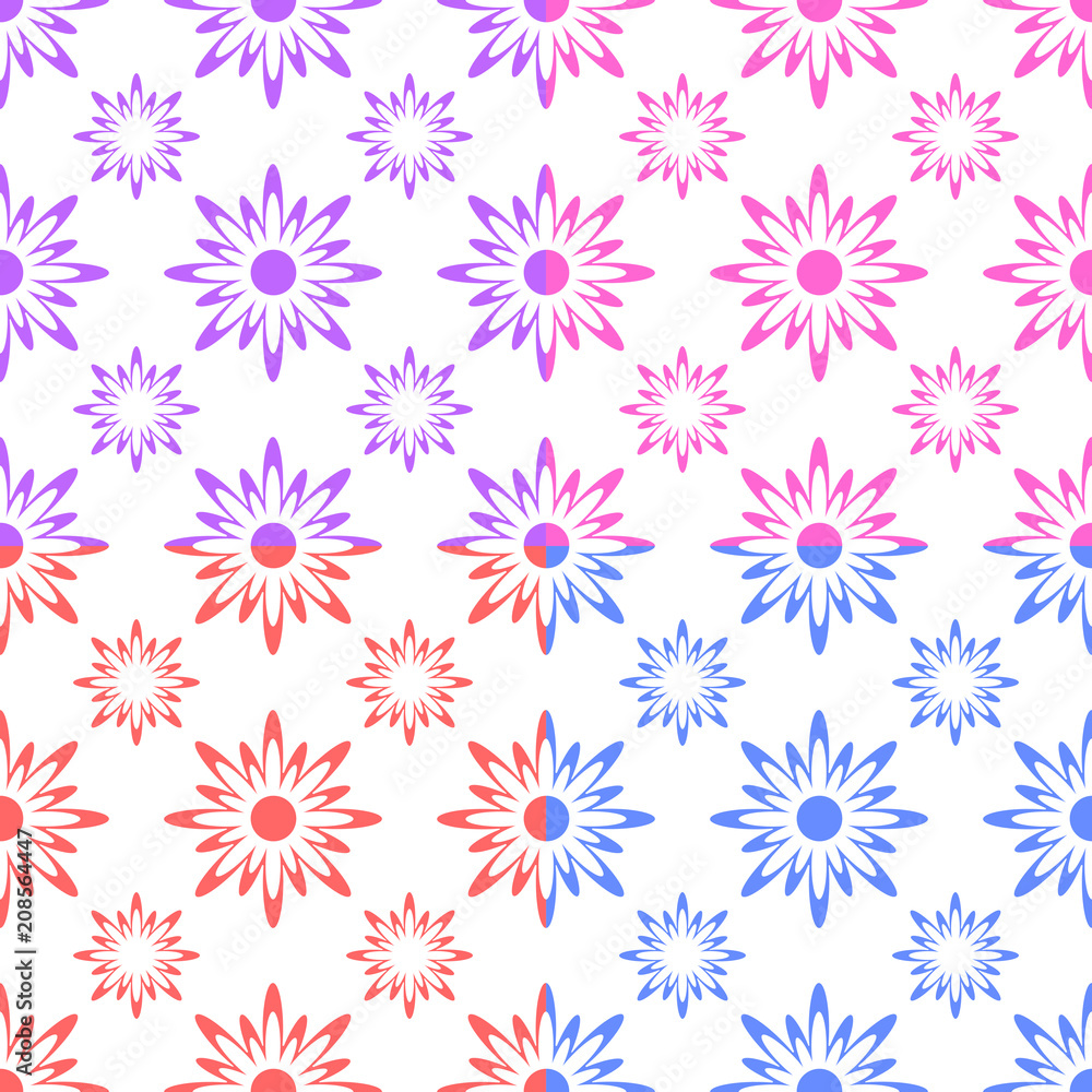 Set of seamless patterns from orange, purple, pink, blue abstract silhouettes on a white background Set of seamless patterns from orange, purple, pink, blue abstract silhouettes on a white background