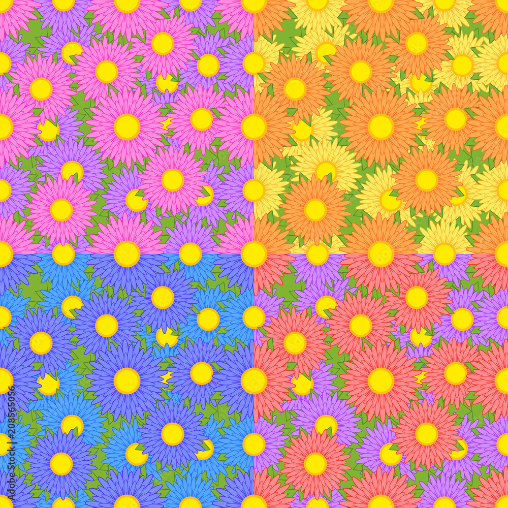 A set of seamless patterns from asters of different colors yellow, pink, blue, orange, purple A set of seamless patterns from asters of different colors yellow, pink, blue, orange, purple