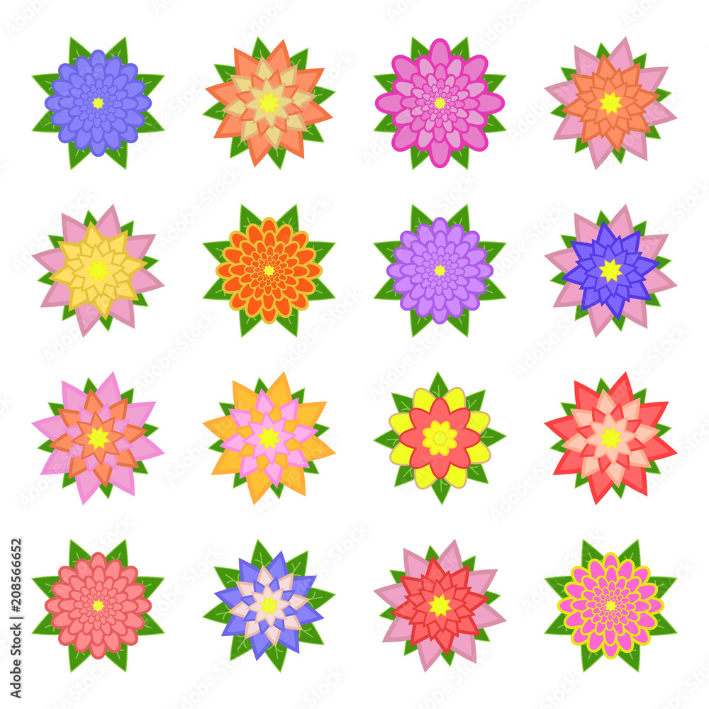 A set of beautiful colorful flowers. Isolated on white background. Sixteen variants. Suitable for design. A set of beautiful colorful flowers. Isolated on white background. Sixteen variants. Suitable for design.