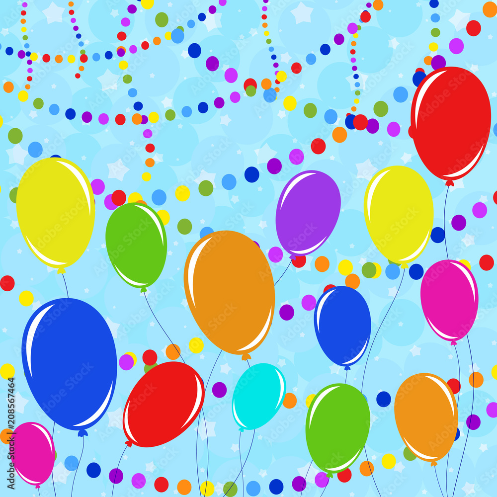 Set of flat colored insulated garlands and balloons on ropes. Against a background of multicolored confetti. Suitable for design. Set of flat colored insulated garlands and balloons on ropes. Against a background of multicolored confetti. Suitable for design.