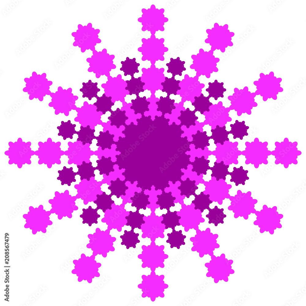 Snowflake from pink and burgundy rays on a white background