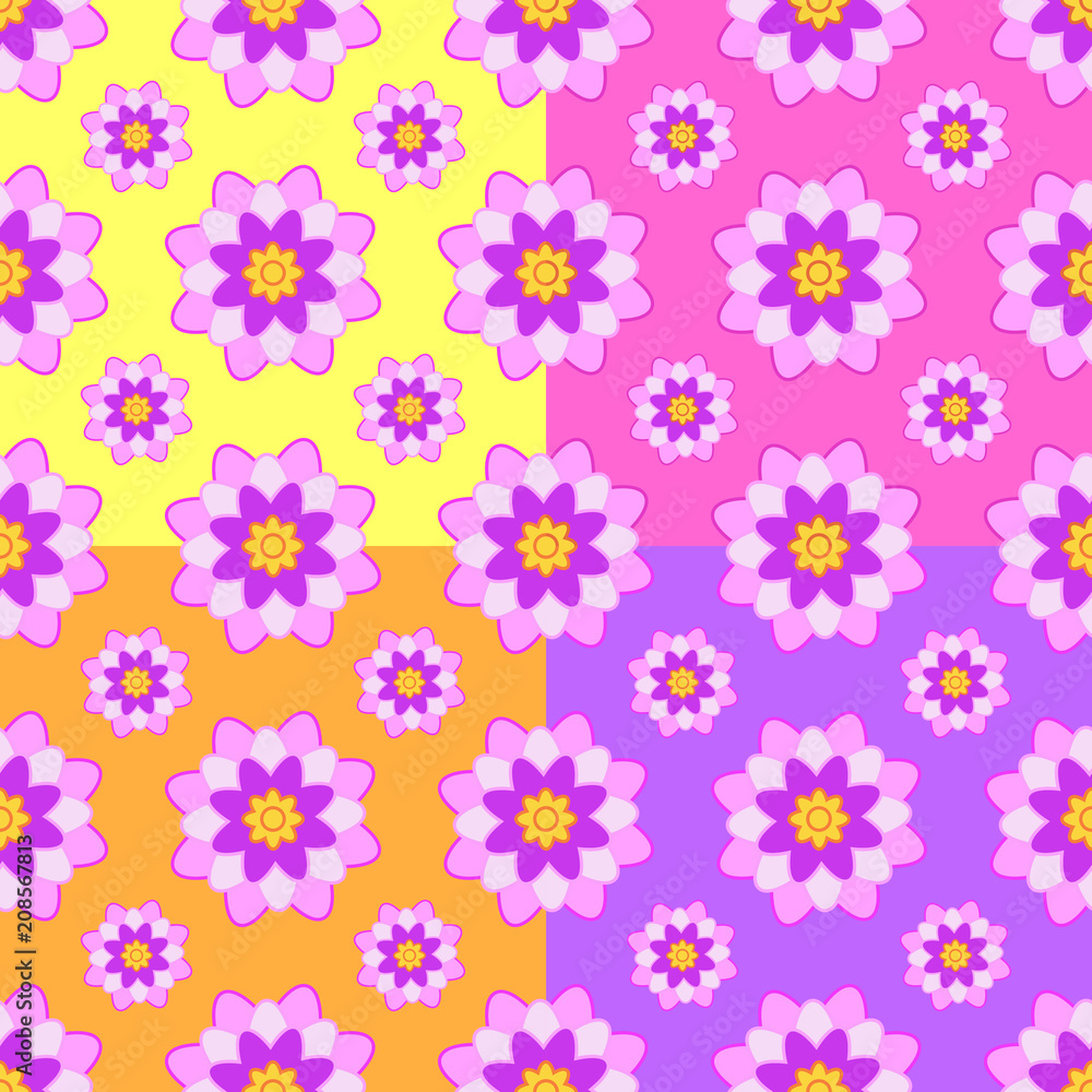 Set of seamless patterns of pink flowers on a yellow, pink, orange and purple background