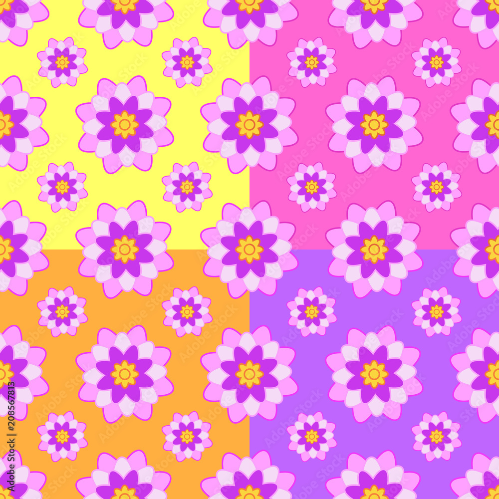 Set of seamless patterns of pink flowers on a yellow, pink, orange and purple background Set of seamless patterns of pink flowers on a yellow, pink, orange and purple background